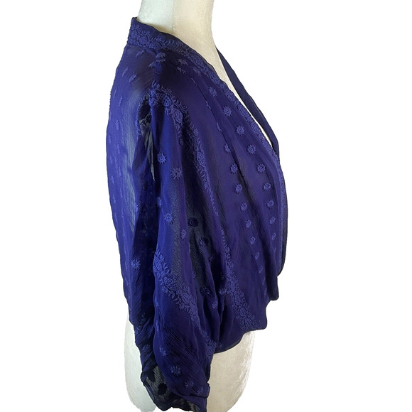 Anthropologie ZOA Womens XS Sheer Silk Purple Wrap Crop Dolman Blouse Boho Top - Picture 3 of 12